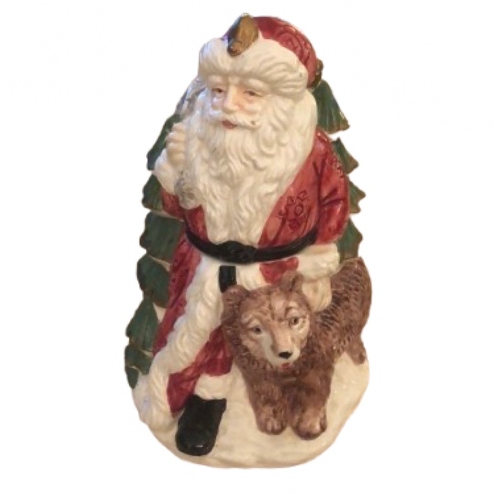 SANTA WITH A BEAR AND A BAG OF GOODIES • COOKIE JAR • 2 PIECE • VINTAGE• 9” x 6”